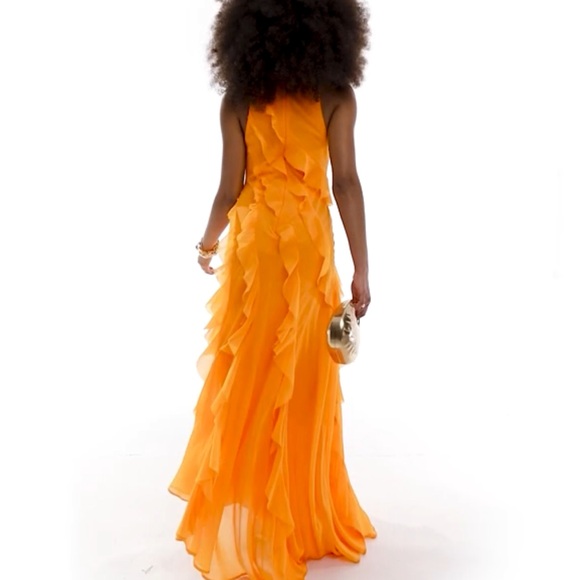 ASOS DESIGN racer neckline ruffle maxi dress with hi low hem in bright orange - Picture 3 of 5